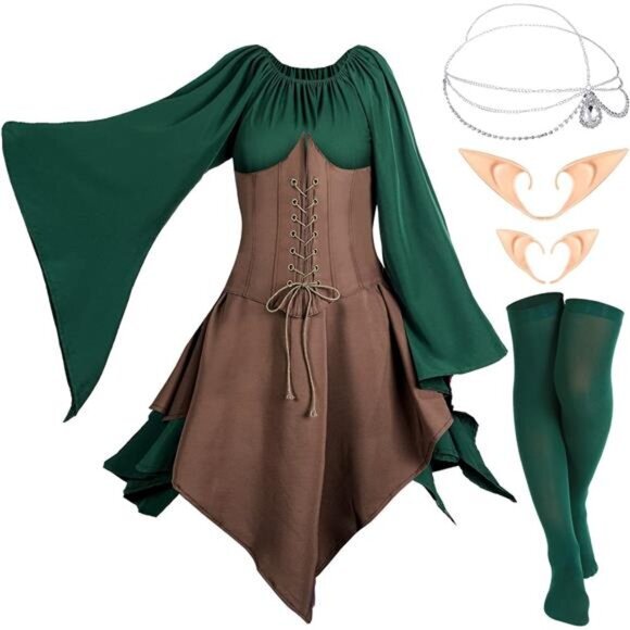 Medieval‎ Fairy Costume Set Women Renaissance Dress Elf Girl Cosplay Accessories - Picture 1 of 6